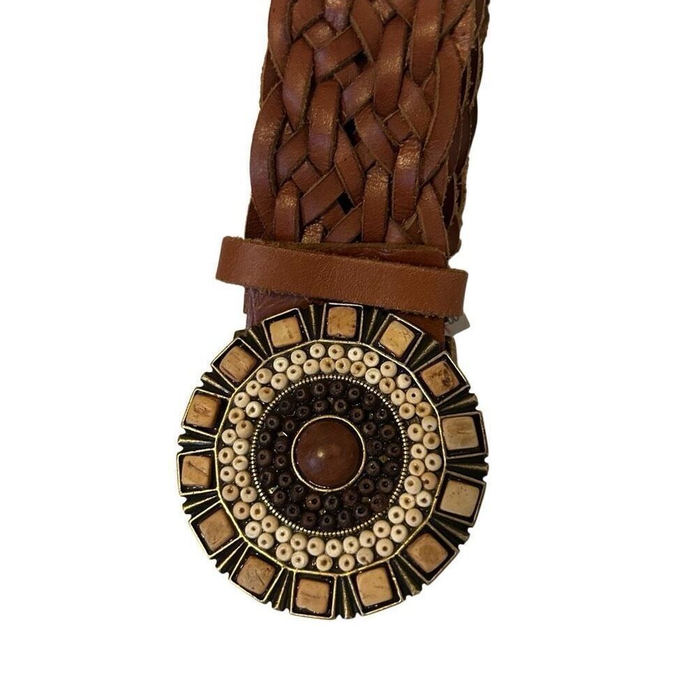 talbots Braided leather Belt Women Brown medium beaded Medallion Boho Hippie Mod